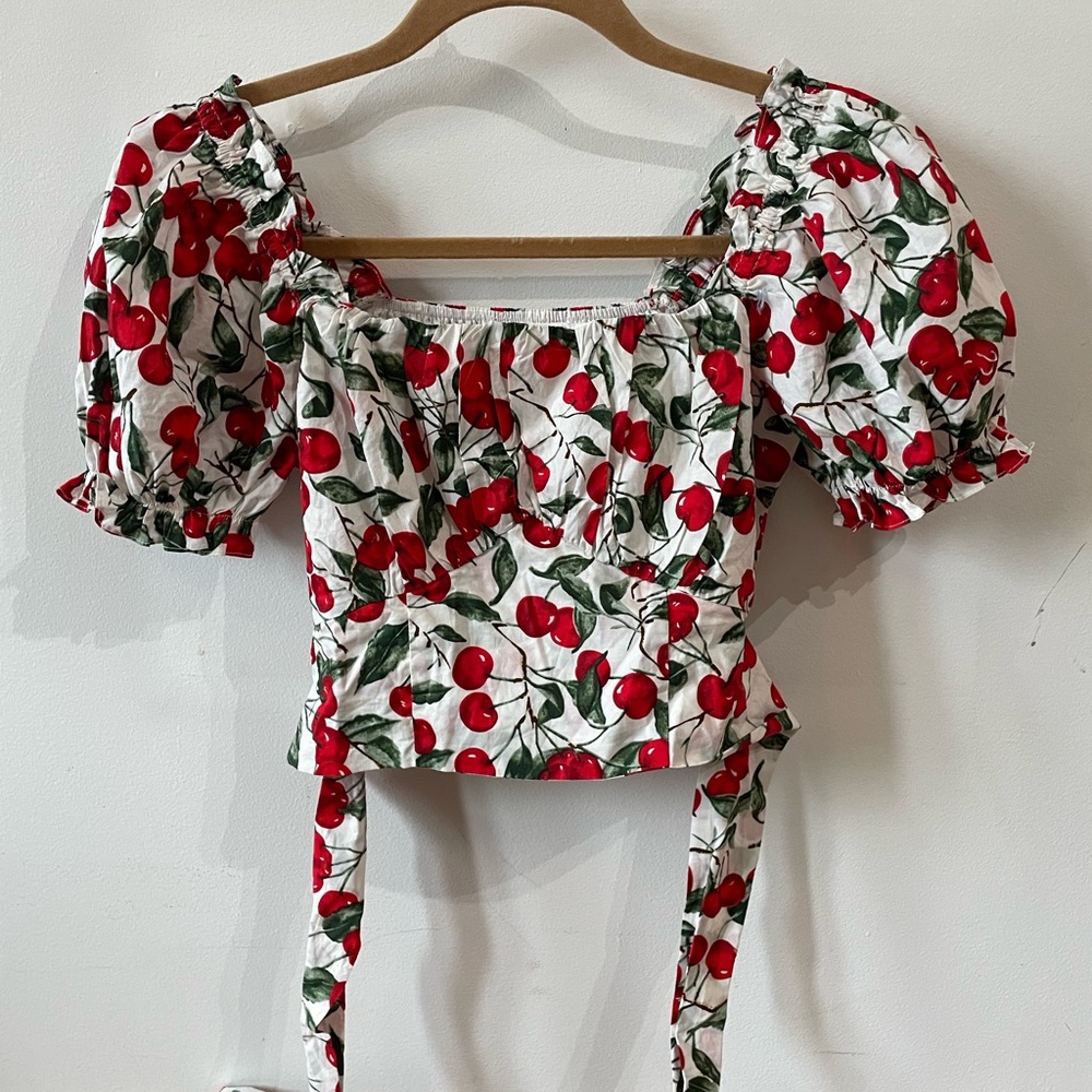 Cider Red and Green Puff Sleeve Crop Blouse